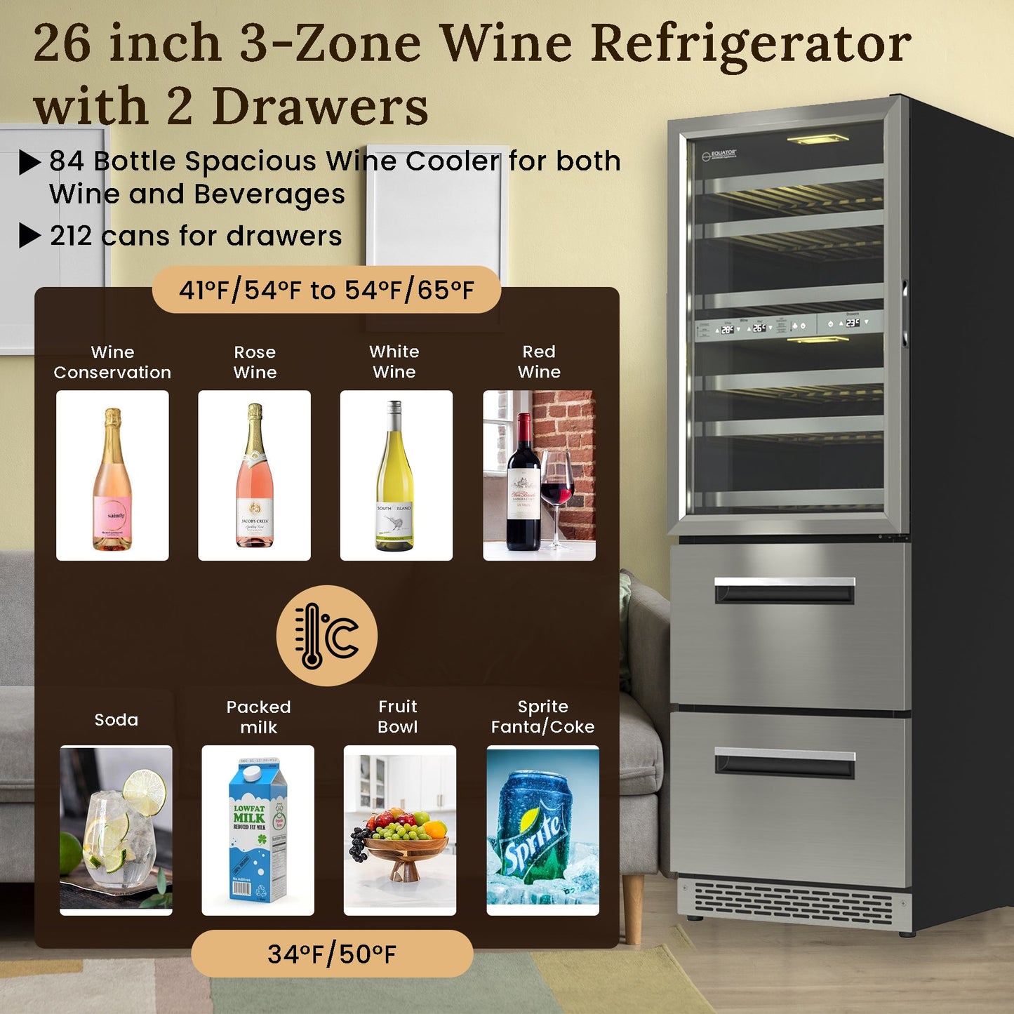 Equator 108 Bottles Hybrid Triple Zone Combo Wine Refrigerator + 2 Drawers 110V - Your Wine Corner