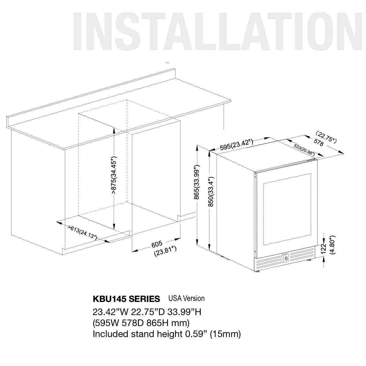 KingsBottle 24" Black Glass Under Counter LOW - E Door Single Zone Wine Cooler - Your Wine Corner