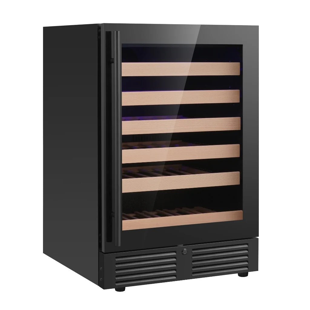 KingsBottle 24" Black Glass Under Counter LOW - E Door Single Zone Wine Cooler - Your Wine Corner