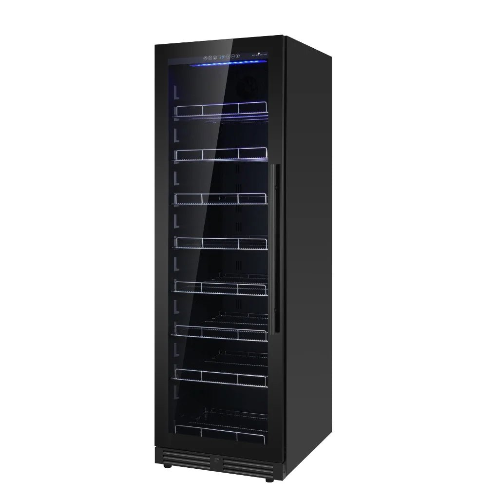 KingsBottle Large Black Glass Beverage Refrigerator With Low - E Glass Door - Your Wine Corner